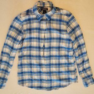 Button Up Shirt Lands' End Women Casual Plaid Long Sleeve Blue flannel